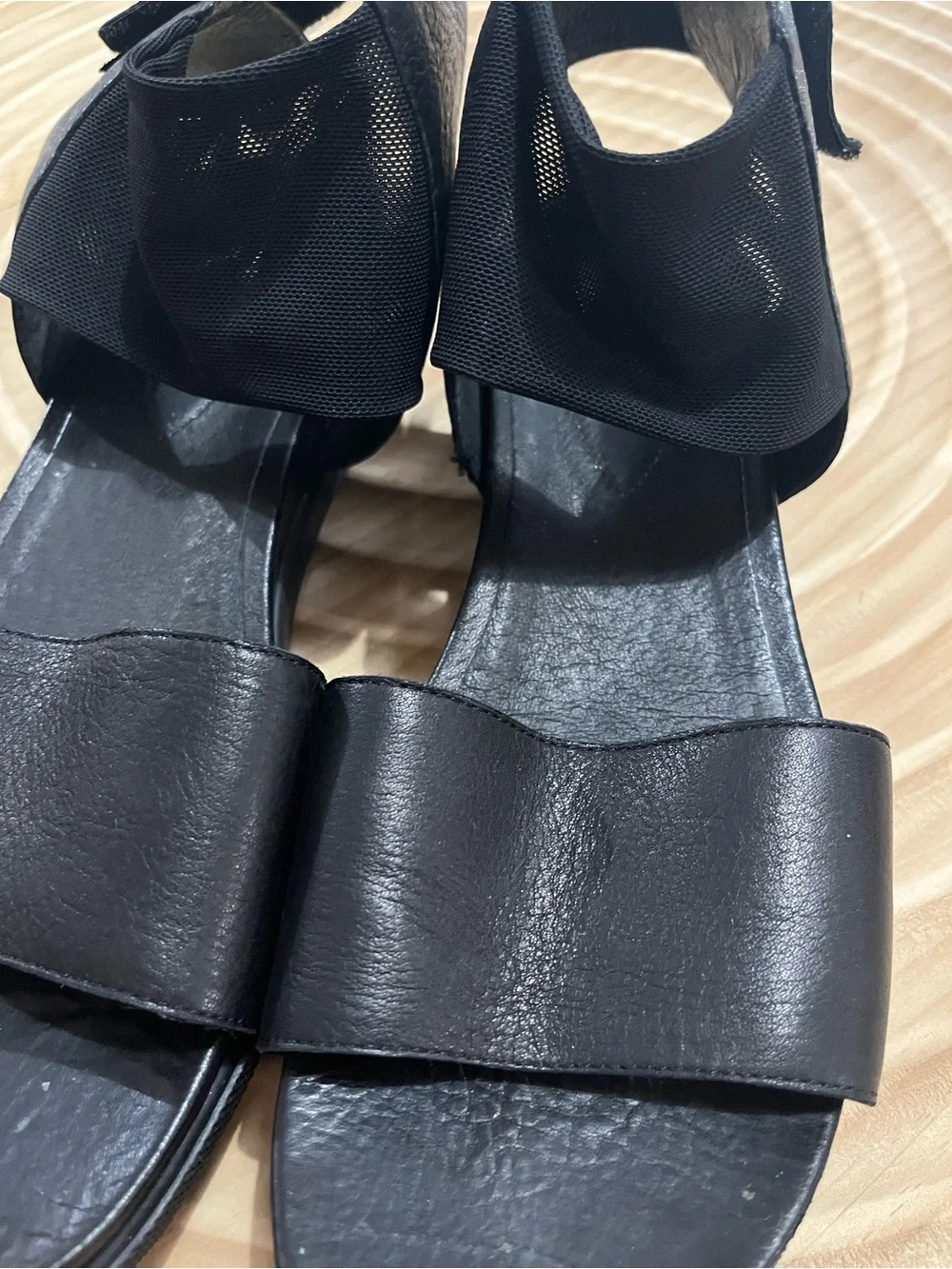 Eileen Fisher Black Leather Wide-Strap Slingback Sandals